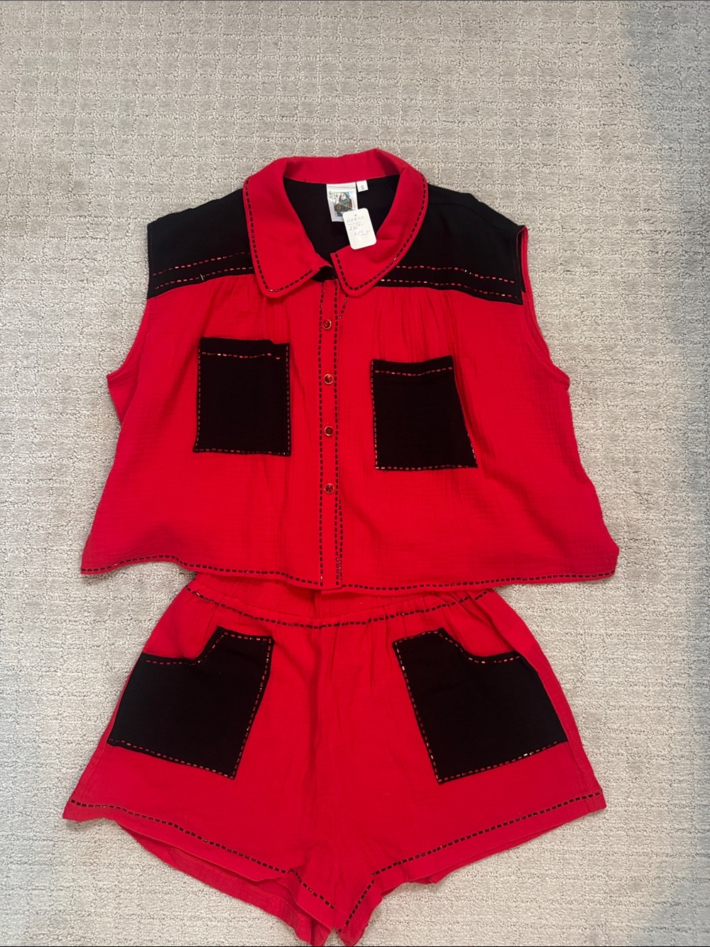Queen of Sparkles Red Two-Piece Tank & Shorts Set with Black Pockets